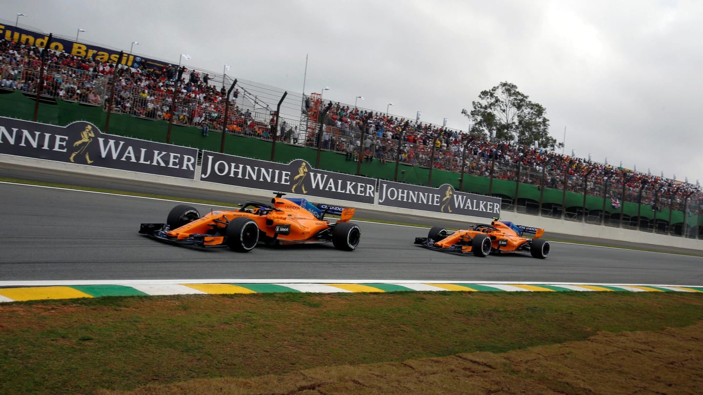 Fernando Alonso, McLaren MCL33 leads Stoffel Vandoorne, McLaren MCL33  at Formula One World Championship, Rd20, Brazilian Grand Prix, Race, Interlagos, Sao Paulo, Brazil, Sunday 11 November 2018.