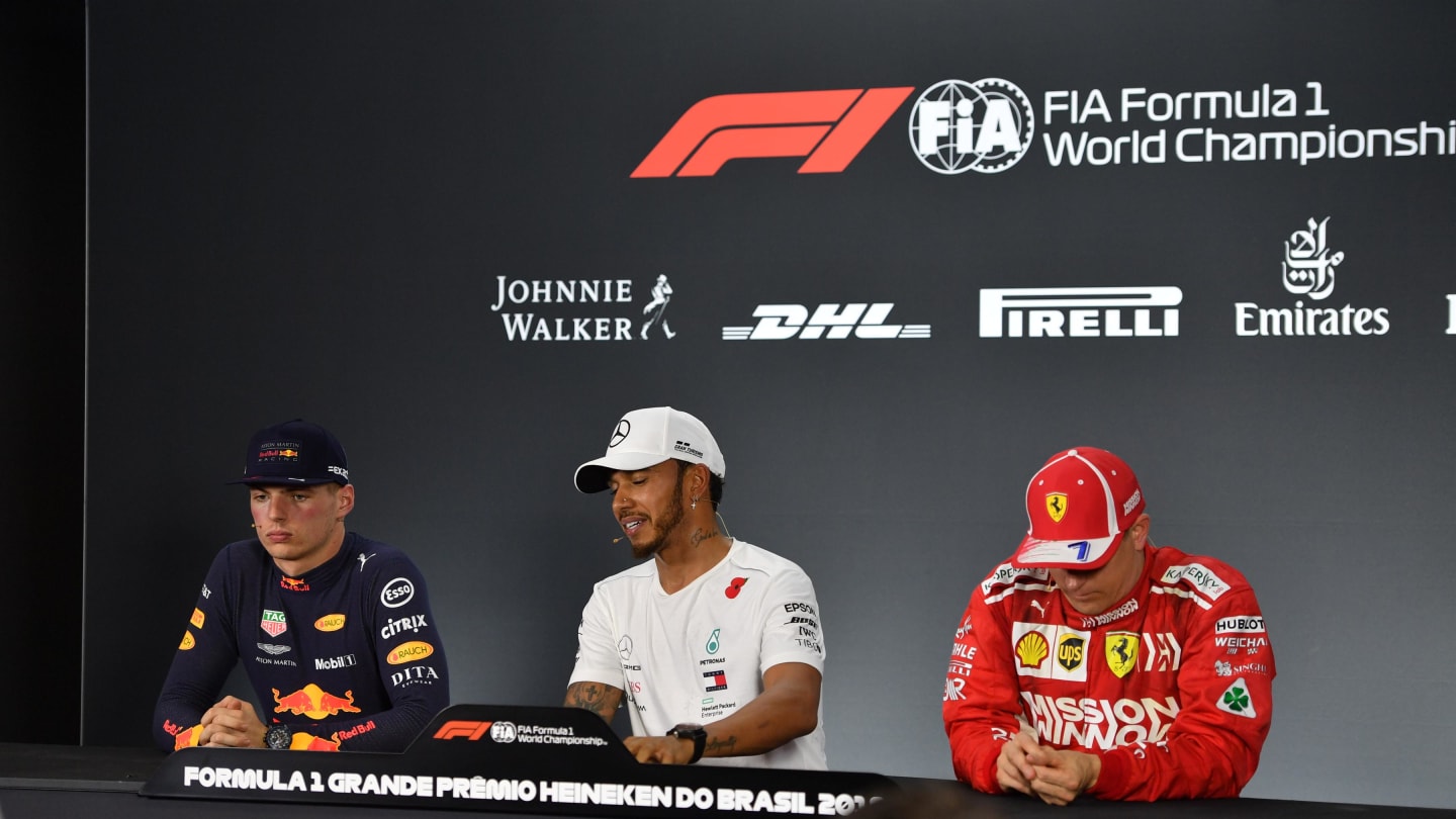 (L to R): Max Verstappen, Red Bull Racing, Lewis Hamilton, Mercedes AMG F1 and Kimi Raikkonen,