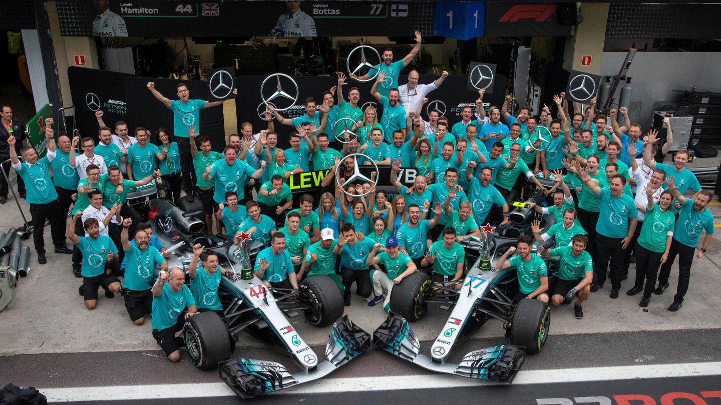 Lewis Hamilton, Mercedes AMG F1 and Valtteri Bottas, Mercedes AMG F1 celebrate winning the