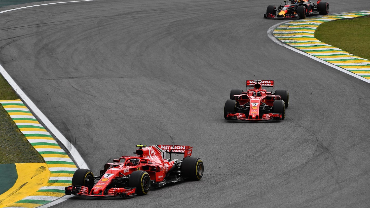 Kimi Raikkonen, Ferrari SF71H leads Sebastian Vettel, Ferrari SF71H at Formula One World