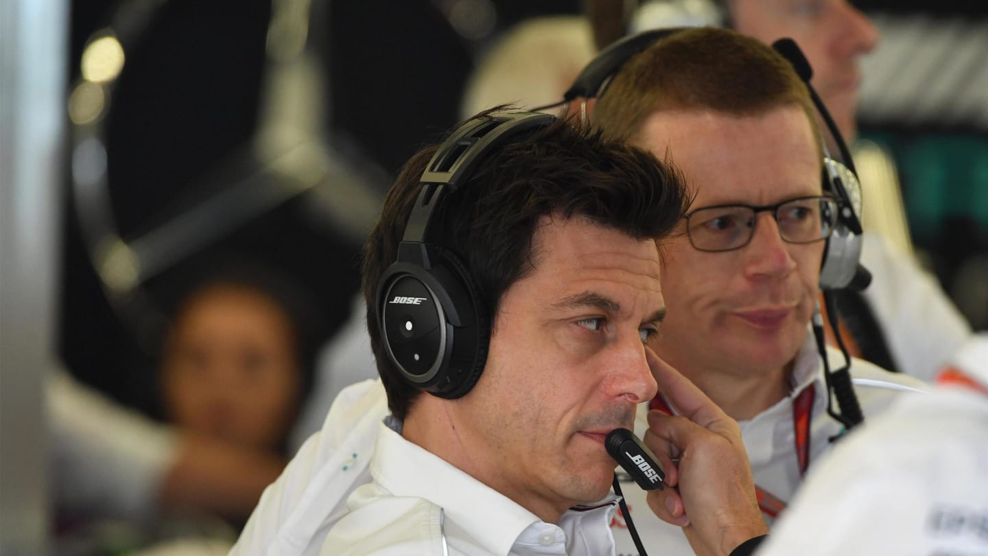 Toto Wolff (AUT) Mercedes AMG F1 Director of Motorsport and Andy Cowell (GBR) Managing Director, Mercedes AMG High Performance Powertrains at Formula One World Championship, Rd10, British Grand Prix, Practice, Silverstone, England, Friday 6 July 2018. © Mark Sutton/Sutton Images
