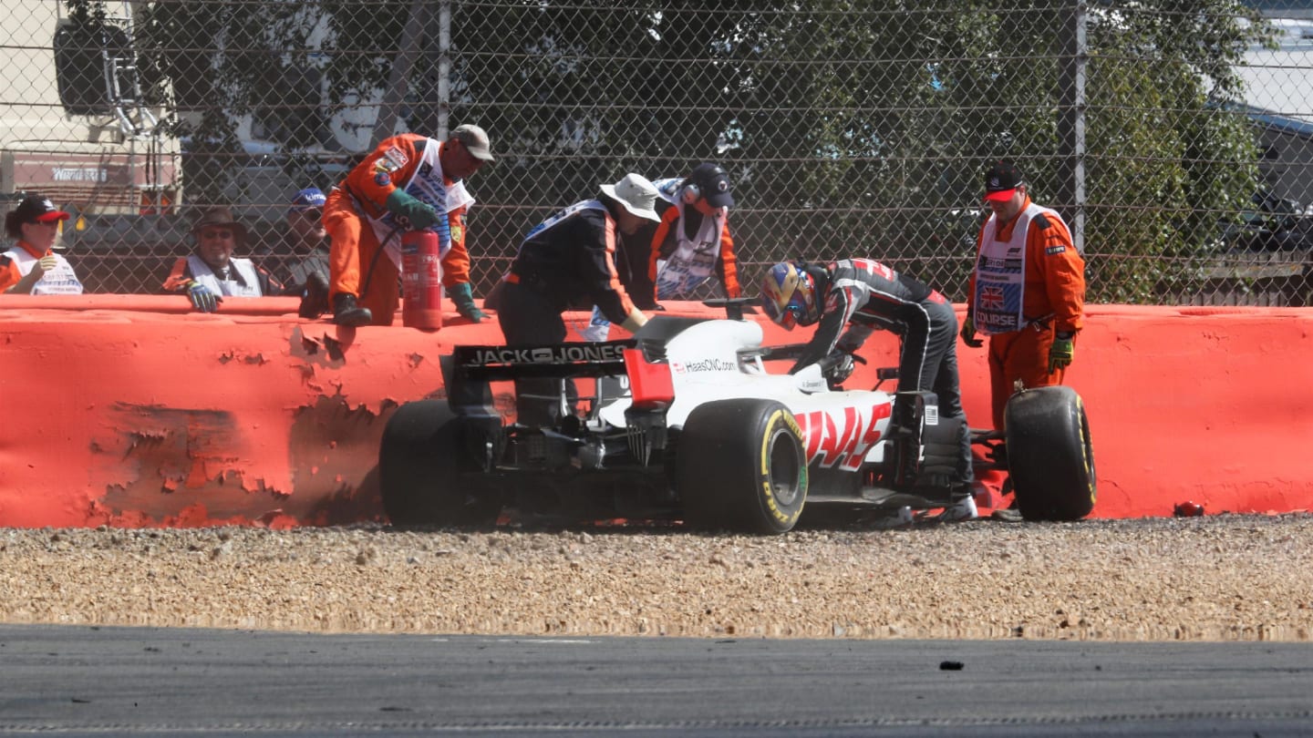 Romain Grosjean (FRA) Haas VF-18 crashed in FP1 at Formula One World Championship, Rd10, British Grand Prix, Practice, Silverstone, England, Friday 6 July 2018. © Steven Tee/LAT/Sutton Images