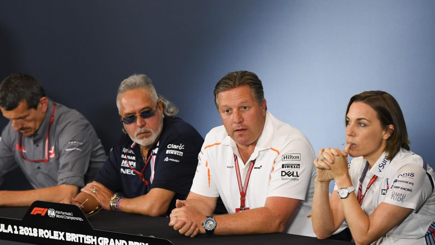 Guenther Steiner (ITA) Team Prinicipal, Haas F1 Team, Dr. Vijay Mallya (IND) Force India Formula One Team Owner, Zak Brown (USA) McLaren Racing CEO and Claire Williams (GBR) Williams Deputy Team Principal in the Press Conference at Formula One World Championship, Rd10, British Grand Prix, Practice, Silverstone, England, Friday 6 July 2018. © Simon Galloway/Sutton Images