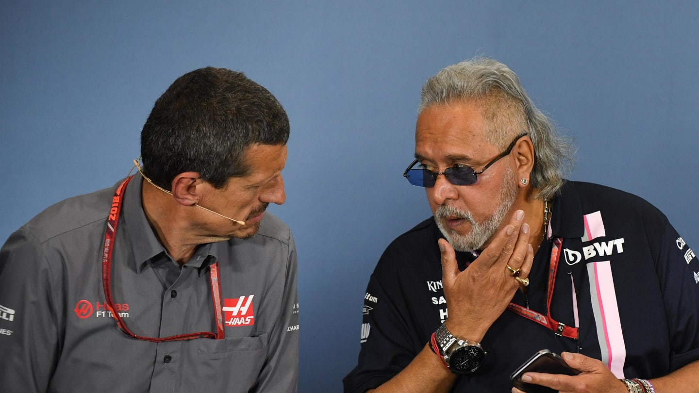 Guenther Steiner (ITA) Team Prinicipal, Haas F1 Team and Dr. Vijay Mallya (IND) Force India Formula One Team Owner in the Press Conference at Formula One World Championship, Rd10, British Grand Prix, Practice, Silverstone, England, Friday 6 July 2018. © Simon Galloway/Sutton Images