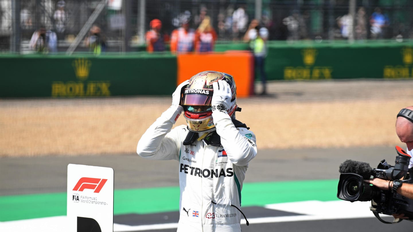 Lewis Hamilton (GBR) Mercedes-AMG F1 celebrates pole position in parc ferme at Formula One World Championship, Rd10, British Grand Prix, Qualifying, Silverstone, England, Saturday 7 July 2018. © Simon Galloway/Sutton Images