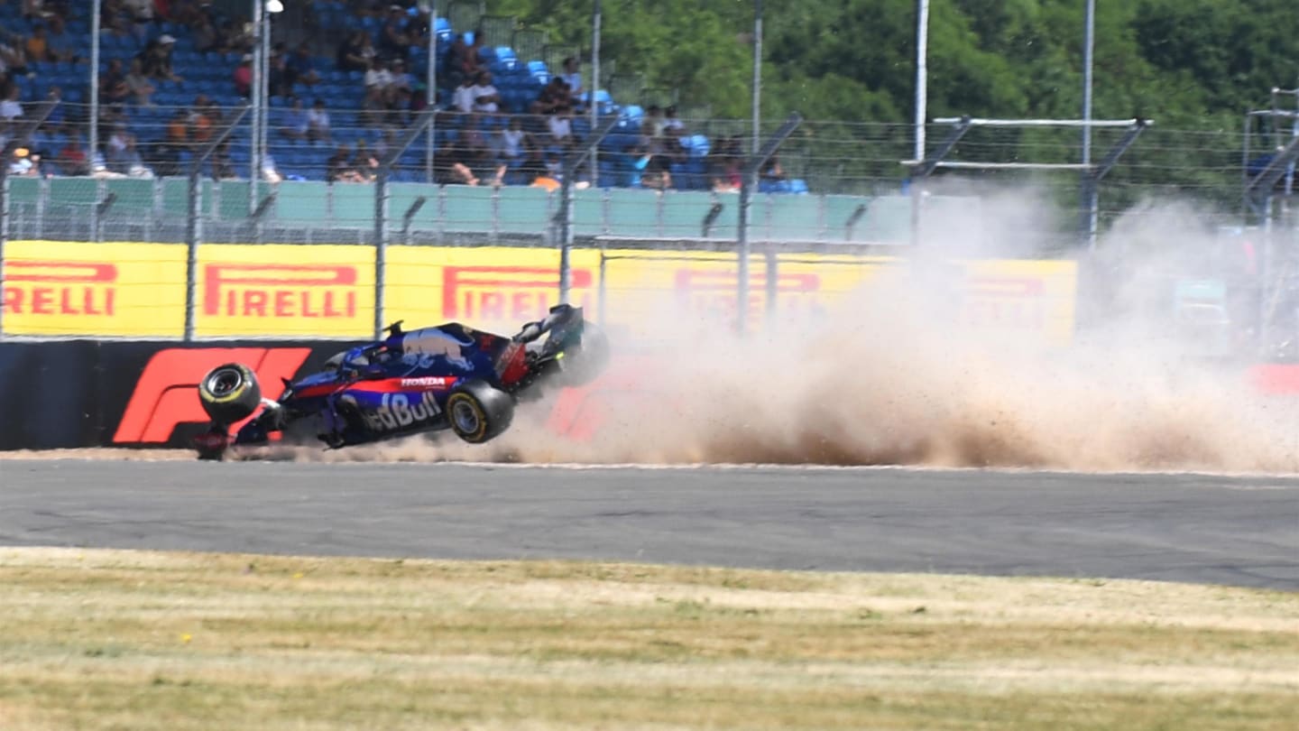 Brendon Hartley (NZL) Scuderia Toro Rosso STR13 crashes in FP3 at Formula One World Championship, Rd10, British Grand Prix, Qualifying, Silverstone, England, Saturday 7 July 2018. © Simon Galloway/Sutton Images