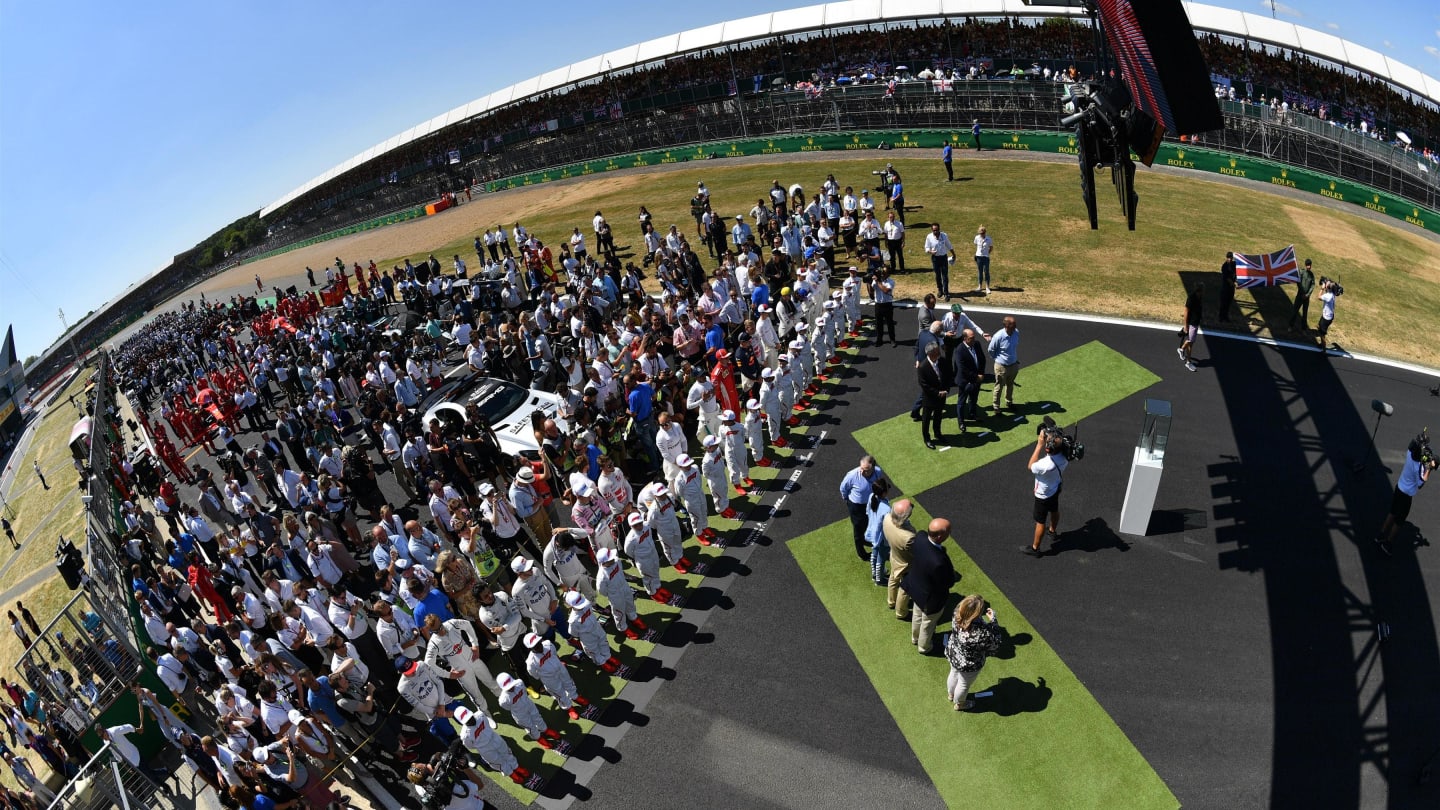 National Anthem is observed on the grid at Formula One World Championship, Rd10, British Grand Prix, Race, Silverstone, England, Sunday 8 July 2018. © Jerry Andre/Sutton Images