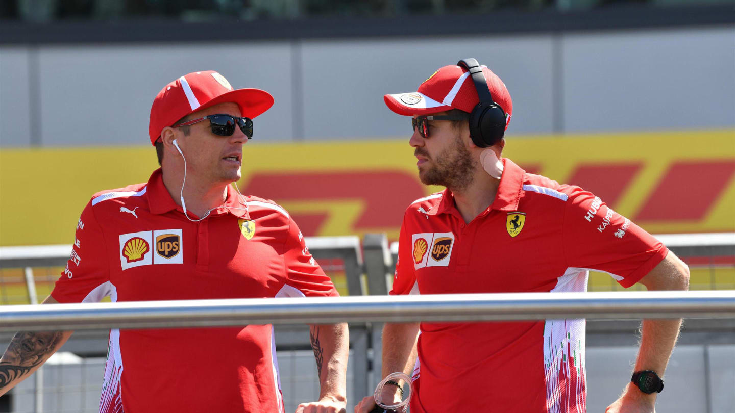 Kimi Raikkonen (FIN) Ferrari and Sebastian Vettel (GER) Ferrari on the drivers parade at Formula One World Championship, Rd10, British Grand Prix, Race, Silverstone, England, Sunday 8 July 2018. © Mark Sutton/Sutton Images