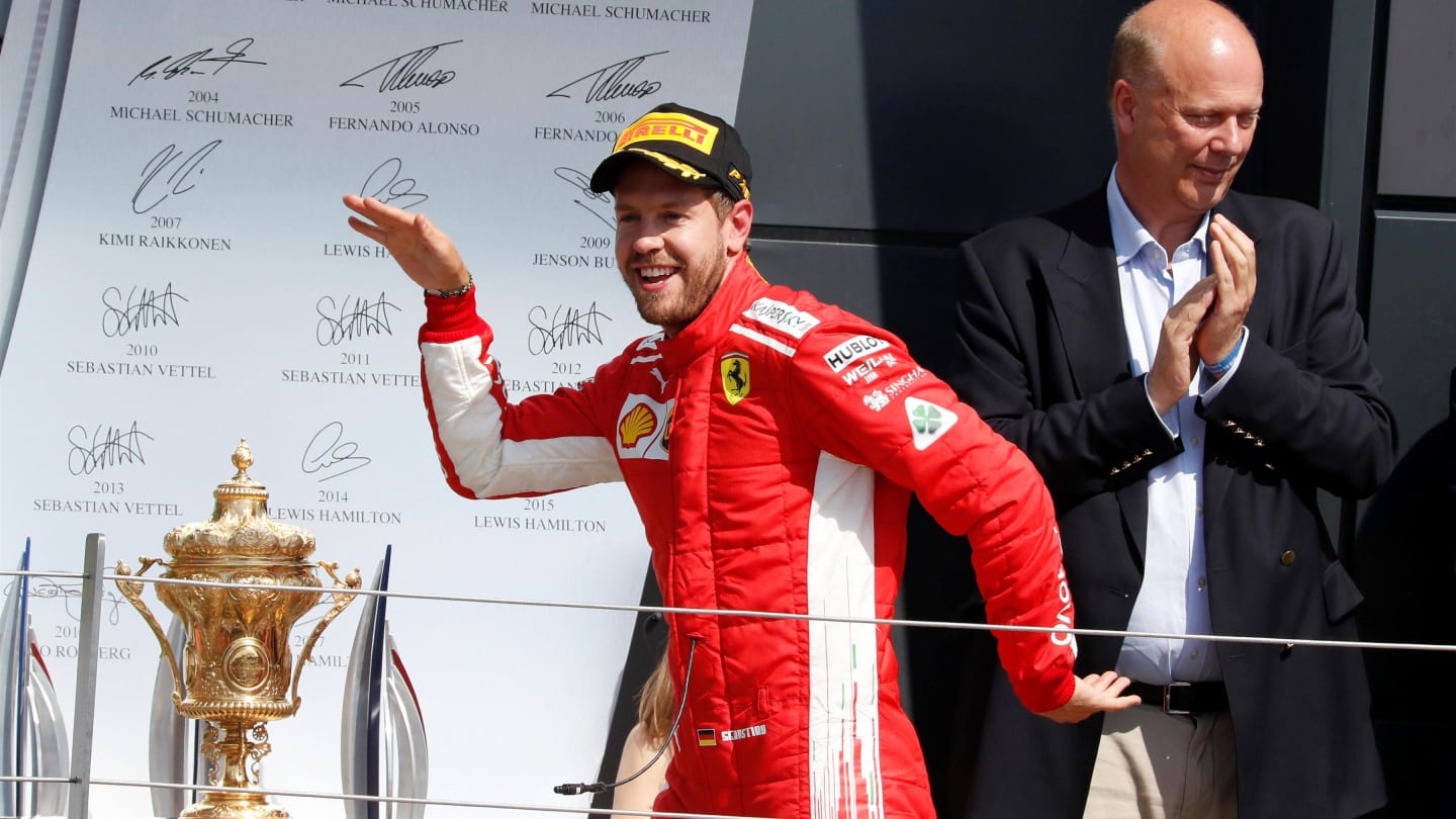 Race winner Sebastian Vettel (GER) Ferrari celebrates opt at Formula One World Championship, Rd10, British Grand Prix, Race, Silverstone, England, Sunday 8 July 2018. © Manuel Goria/Sutton Images