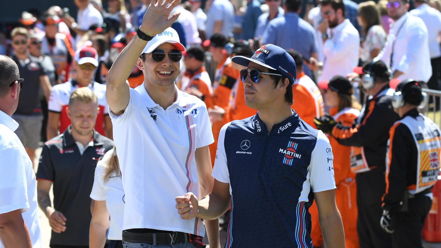 Esteban Ocon (FRA) Force India F1 and Lance Stroll (CDN) Williams on the drivers parade at Formula One World Championship, Rd10, British Grand Prix, Race, Silverstone, England, Sunday 8 July 2018. © Jerry Andre/Sutton Images