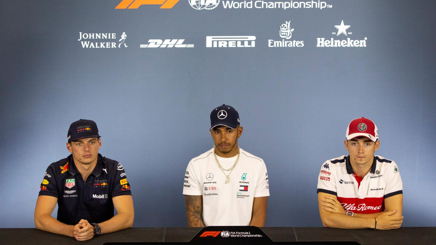 Max Verstappen (NED) Red Bull Racing, Lewis Hamilton (GBR) Mercedes-AMG F1 and Charles Leclerc (MON) Alfa Romeo Sauber F1 Team in the Press Conference at Formula One World Championship, Rd10, British Grand Prix, Preparations, Silverstone, England, Thursday 5 July 2018. © Manuel Goria/Sutton Images