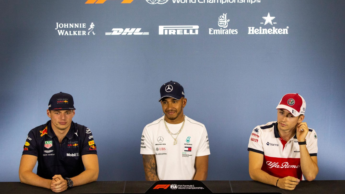 Max Verstappen (NED) Red Bull Racing, Lewis Hamilton (GBR) Mercedes-AMG F1 and Charles Leclerc