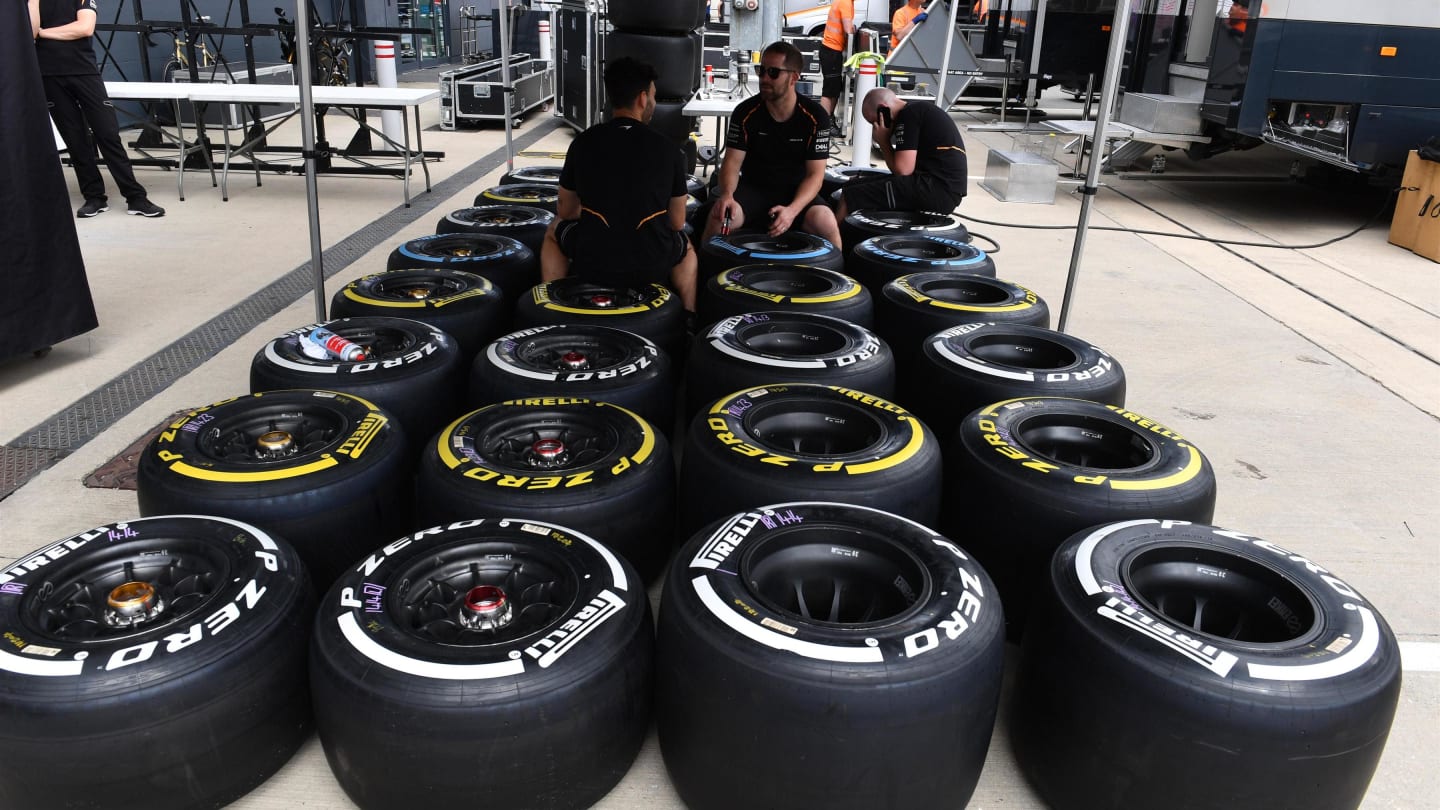 Pirelli tyres at Formula One World Championship, Rd10, British Grand Prix, Preparations, Silverstone, England, Wednesday 4 July 2018. © Mark Sutton/Sutton Images