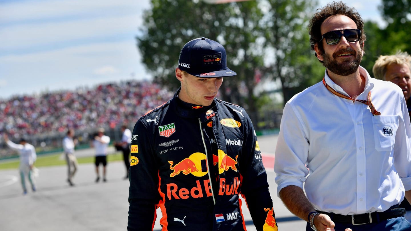 Max Verstappen (NED) Red Bull Racing and Matteo Bonciani (ITA) FIA Media Delegate in parc ferme at Formula One World Championship, Rd7, Canadian Grand Prix, Qualifying, Montreal, Canada, Saturday 9 June 2018. © Jerry Andre/Sutton Images