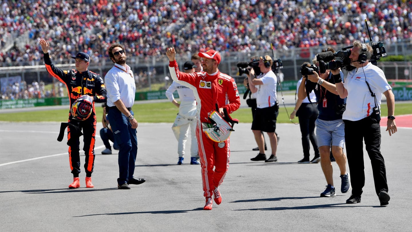 Pole sitter Sebastian Vettel (GER) Ferrari celebrates in parc ferme at Formula One World Championship, Rd7, Canadian Grand Prix, Qualifying, Montreal, Canada, Saturday 9 June 2018. © Jerry Andre/Sutton Images