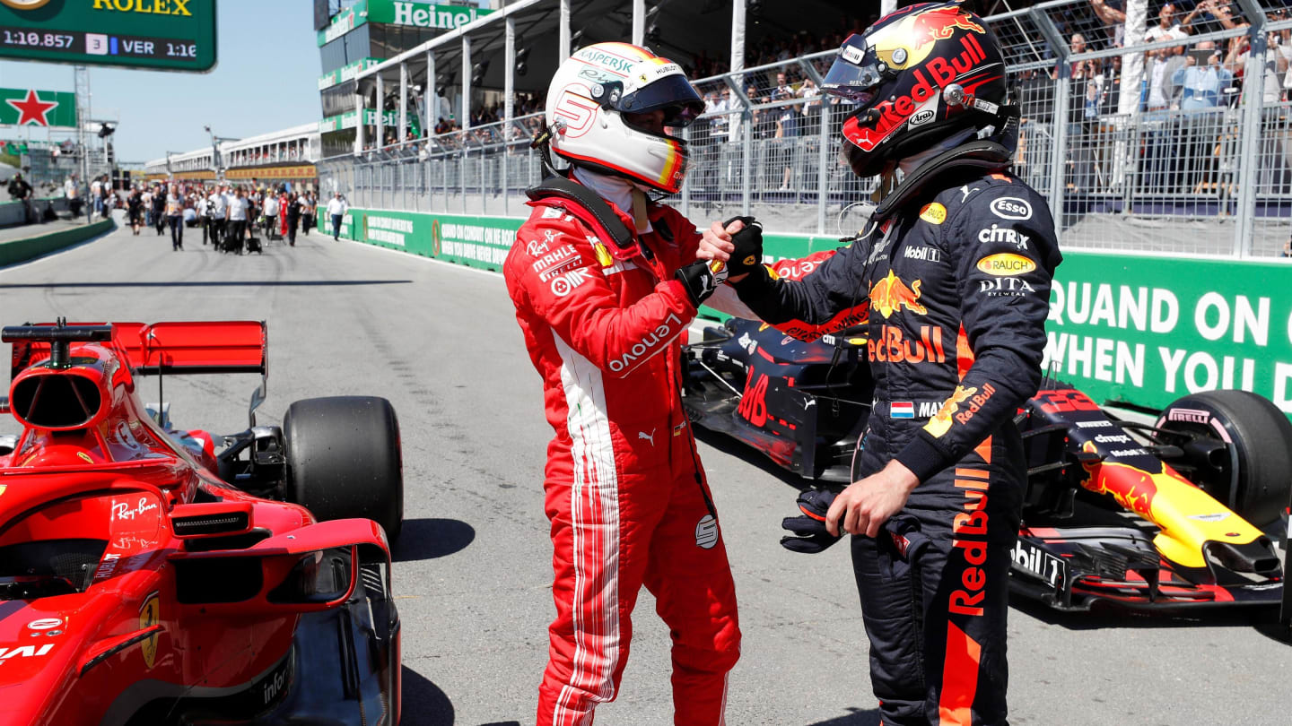 Pole sitter Sebastian Vettel (GER) Ferrari and Max Verstappen (NED) Red Bull Racing celebrate in parc ferme at Formula One World Championship, Rd7, Canadian Grand Prix, Qualifying, Montreal, Canada, Saturday 9 June 2018. © Steven Tee/LAT/Sutton Images