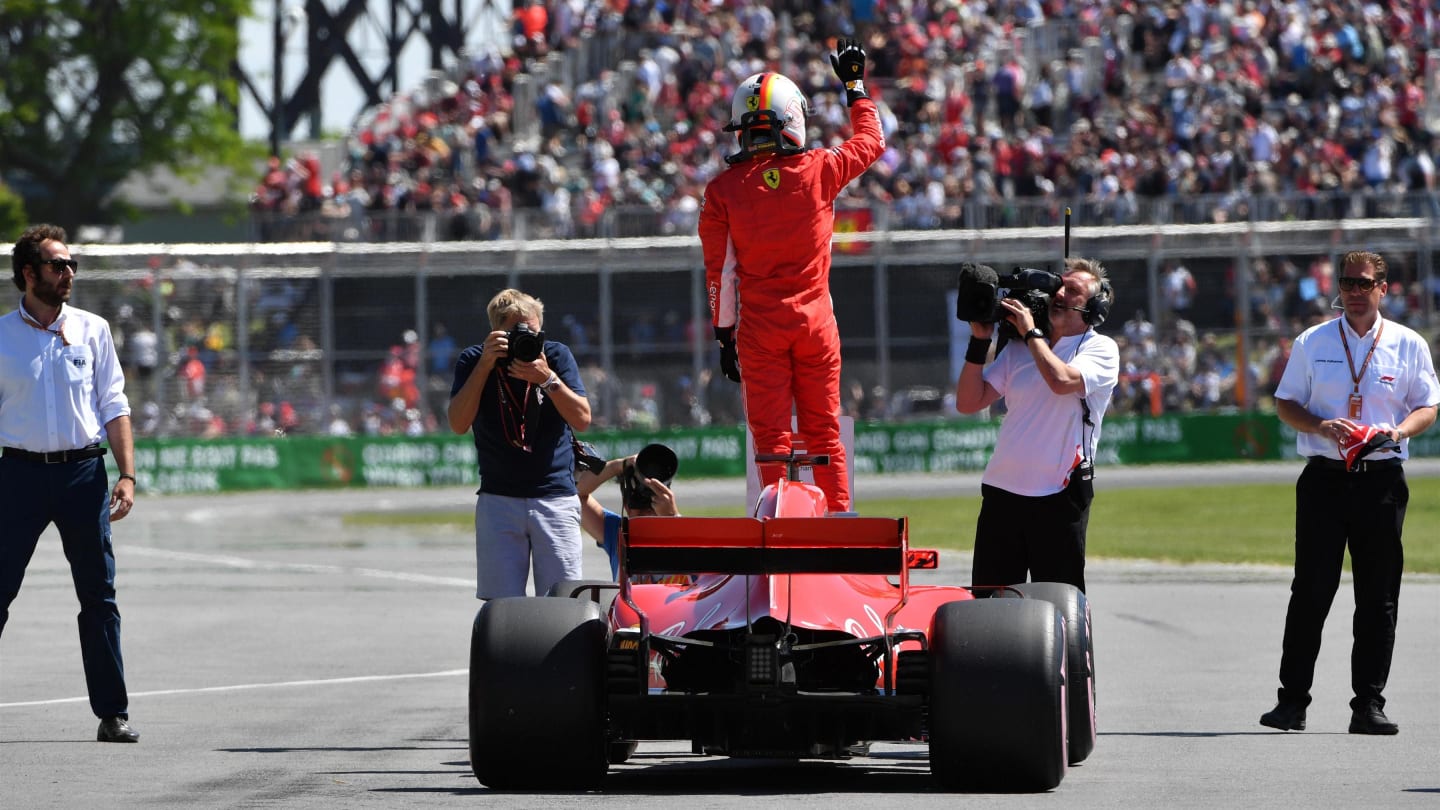 Pole sitter Sebastian Vettel (GER) Ferrari SF-71H celebrates in parc ferme at Formula One World
