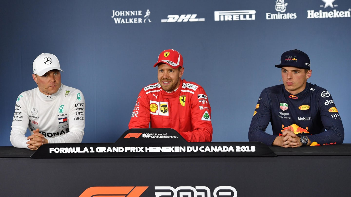 (L to R): Valtteri Bottas (FIN) Mercedes-AMG F1, Sebastian Vettel (GER) Ferrari and Max Verstappen (NED) Red Bull Racing in the Press Conference at Formula One World Championship, Rd7, Canadian Grand Prix, Qualifying, Montreal, Canada, Saturday 9 June 201