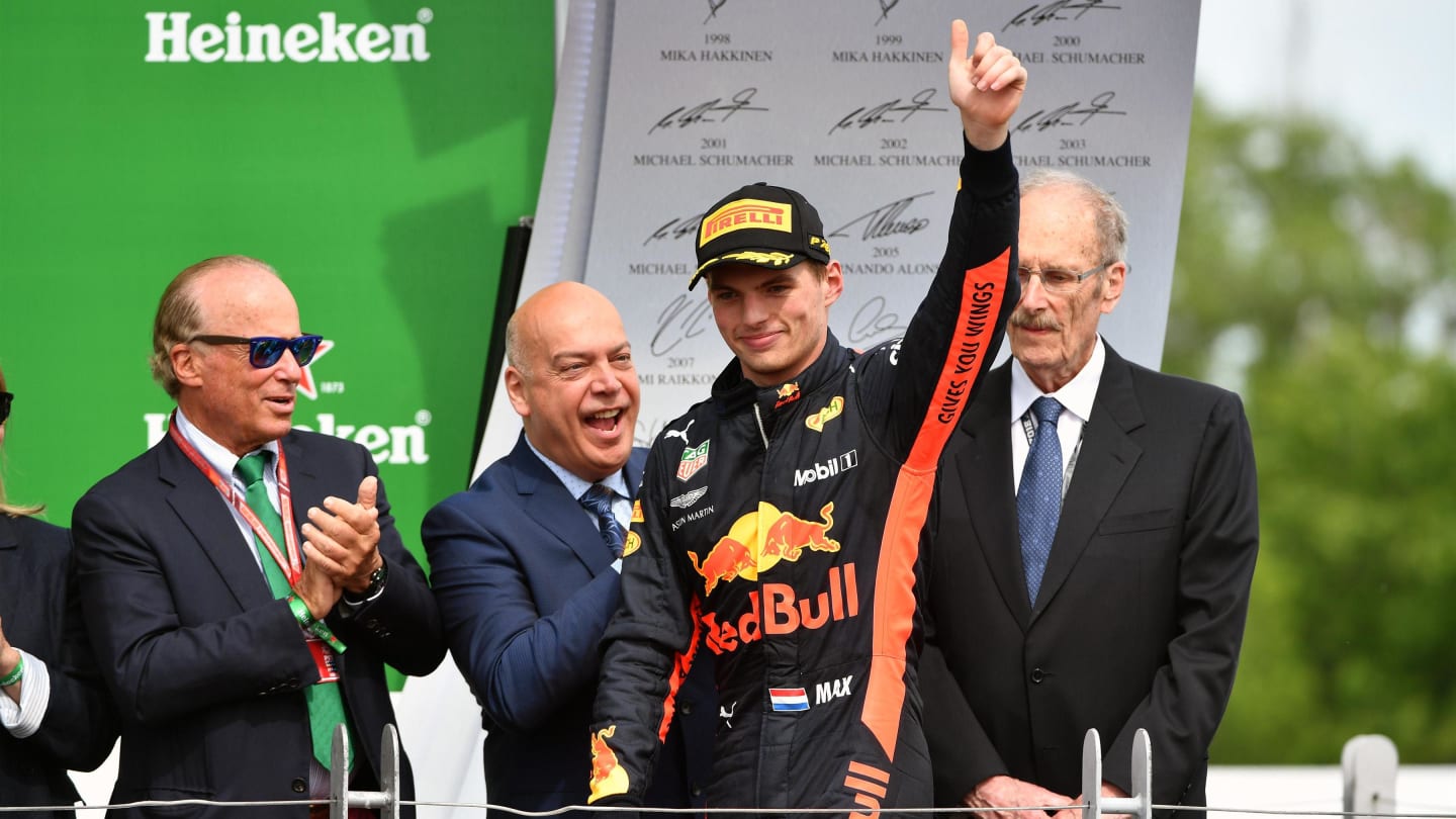 Max Verstappen (NED) Red Bull Racing celebrates on the podium at Formula One World Championship,