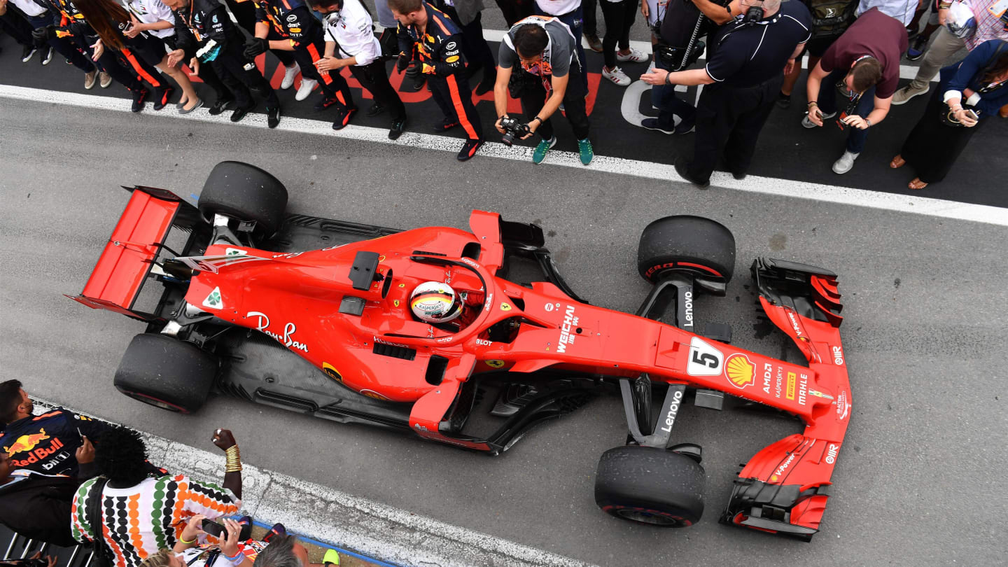 Race winner Sebastian Vettel (GER) Ferrari SF-71H arrives in parc ferme at Formula One World