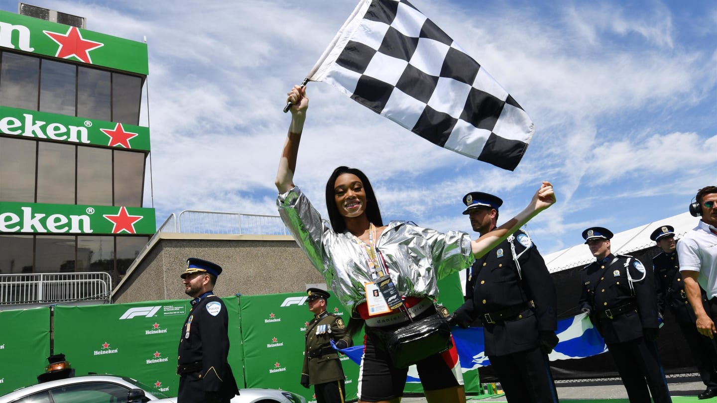Winnie Harlow (CDN) waves a chequered flag at Formula One World Championship, Rd7, Canadian Grand Prix, Race, Montreal, Canada, Sunday10 June 2018. © Jerry Andre/Sutton Images