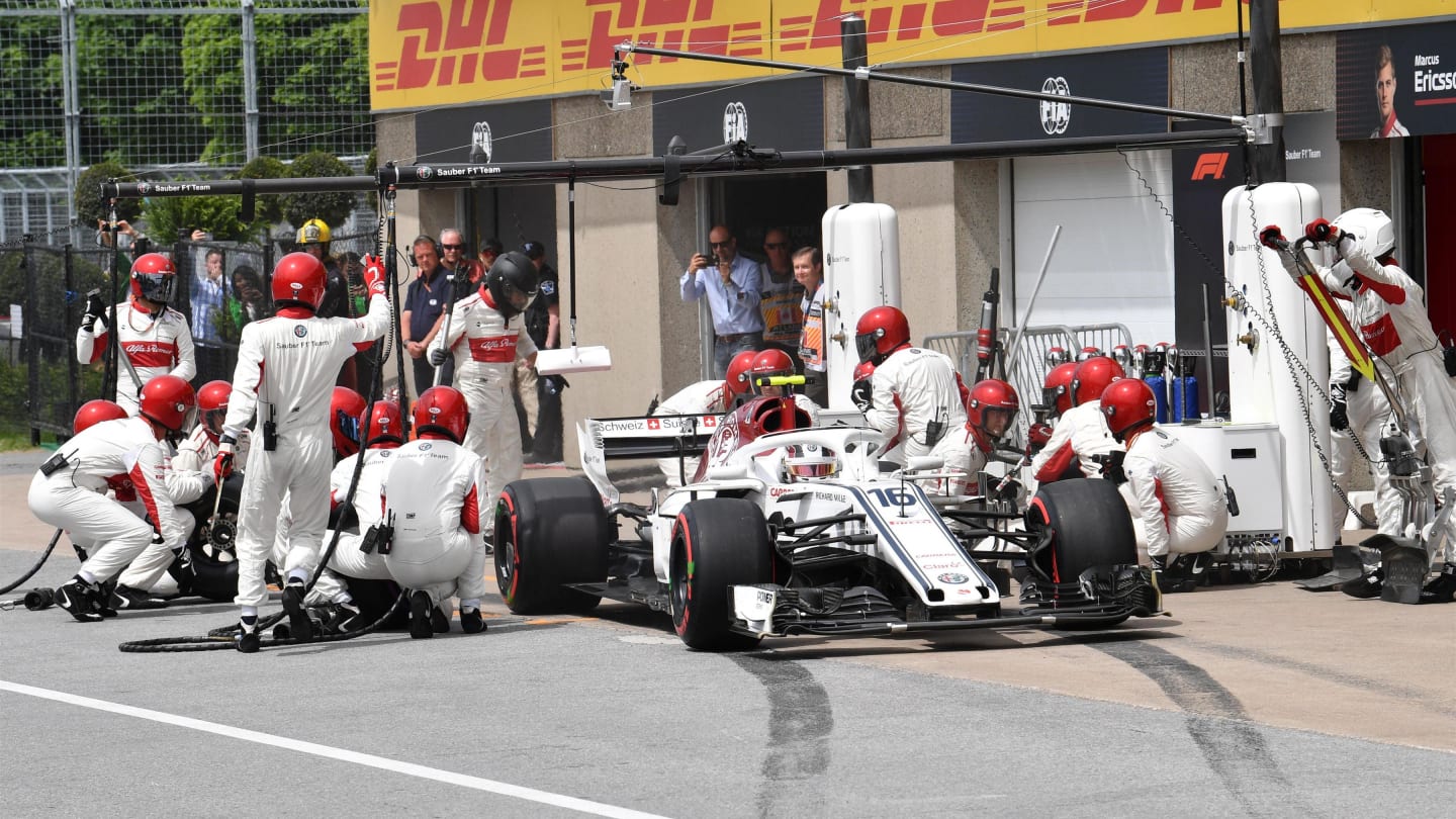 Charles Leclerc (MON) Alfa Romeo Sauber C37 pit stop at Formula One World Championship, Rd7, Canadian Grand Prix, Race, Montreal, Canada, Sunday10 June 2018. © Mark Sutton/Sutton Images