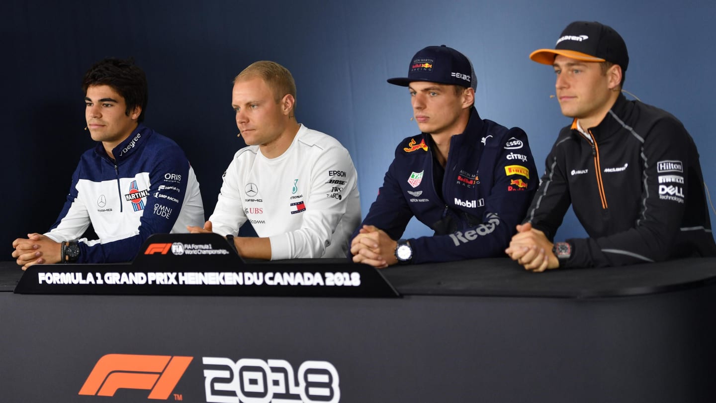 (L to R): Lance Stroll (CDN) Williams, Valtteri Bottas (FIN) Mercedes-AMG F1, Max Verstappen (NED) Red Bull Racing and Stoffel Vandoorne (BEL) McLaren in the Press Conference at Formula One World Championship, Rd7, Canadian Grand Prix, Preparations, Montreal, Canada, Thursday 7 June 2018. © Jerry Andre/Sutton Images
