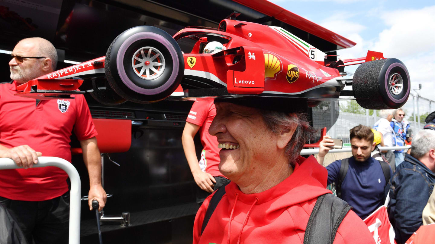 Fan with Sebastian Vettel (GER) Ferrari car hat at Formula One World Championship, Rd7, Canadian Grand Prix, Preparations, Montreal, Canada, Thursday 7 June 2018. © Mark Sutton/Sutton Images