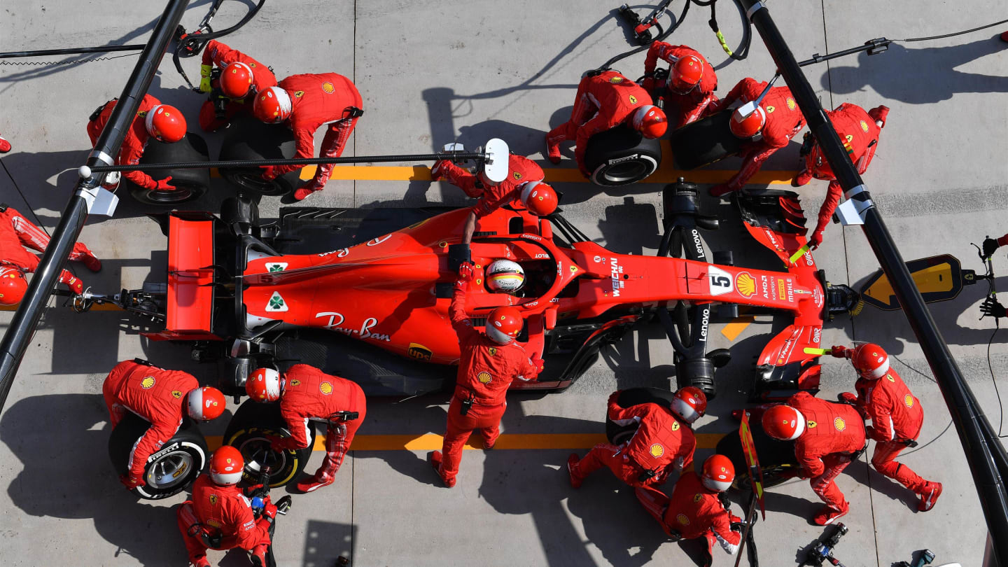 Sebastian Vettel (GER) Ferrari SF-71H pit stop at Formula One World Championship, Rd3, Chinese Grand Prix, Race, Shanghai, China, Sunday 15 April 2018. © Mark Sutton/Sutton Images