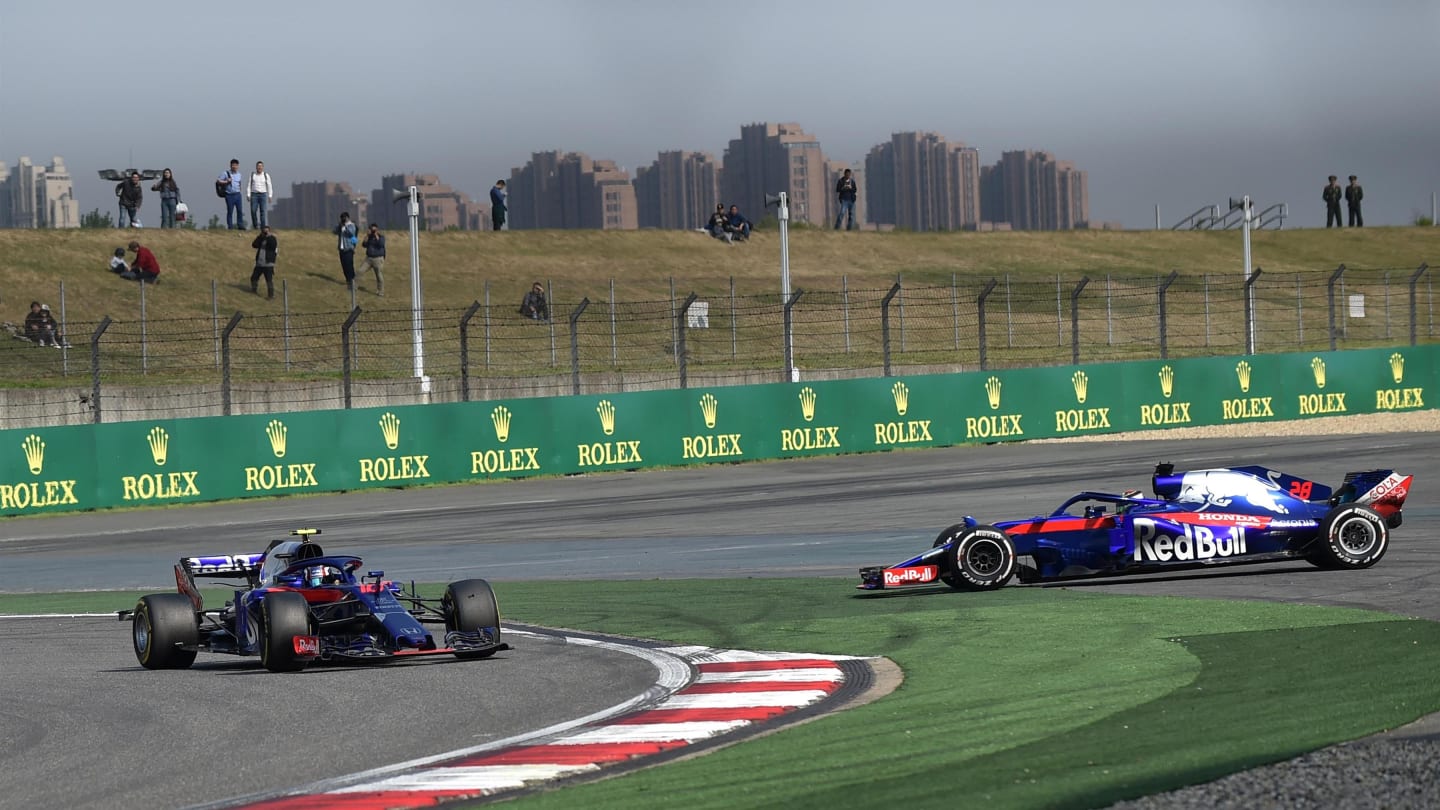 Pierre Gasly (FRA) Scuderia Toro Rosso STR13 and Brendon Hartley (NZL) Scuderia Toro Rosso STR13 collide at Formula One World Championship, Rd3, Chinese Grand Prix, Race, Shanghai, China, Sunday 15 April 2018. © Simon Galloway/Sutton Images