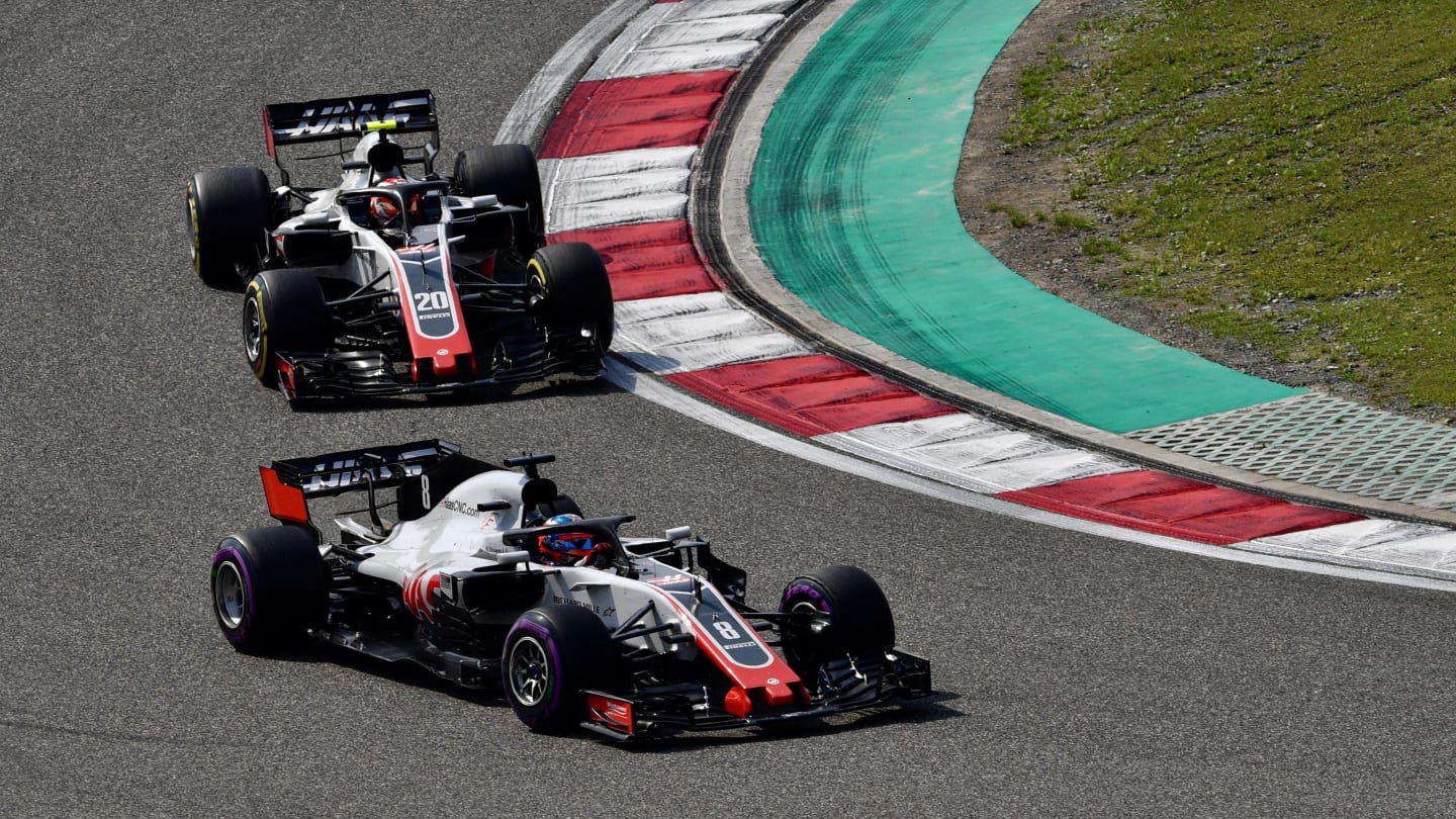 Romain Grosjean (FRA) Haas VF-18 and Kevin Magnussen (DEN) Haas VF-18 at Formula One World