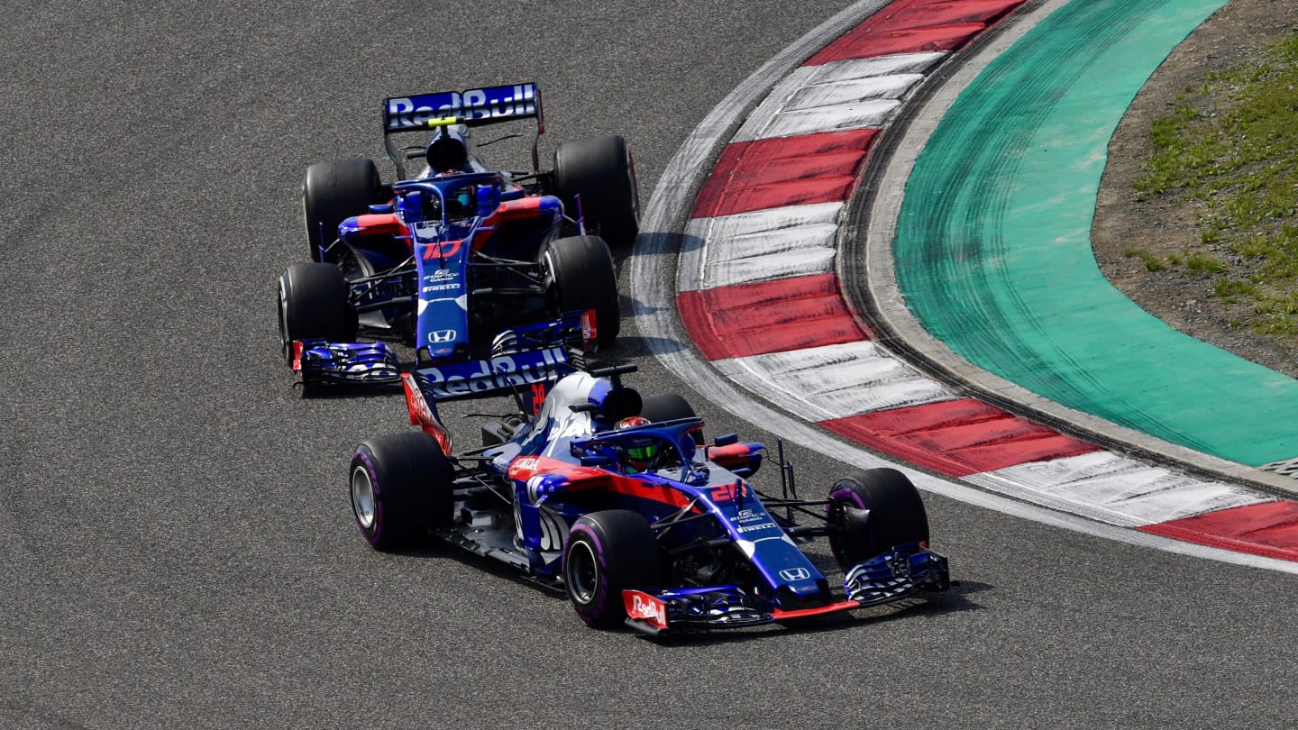 Brendon Hartley (NZL) Scuderia Toro Rosso STR13 and Pierre Gasly (FRA) Scuderia Toro Rosso STR13 at Formula One World Championship, Rd3, Chinese Grand Prix, Race, Shanghai, China, Sunday 15 April 2018. © Jerry Andre/Sutton Images
