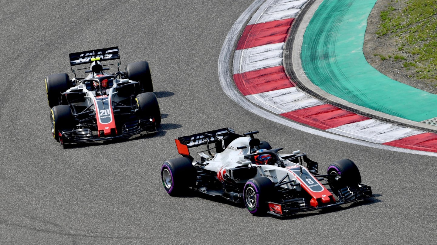 Romain Grosjean (FRA) Haas VF-18 and Kevin Magnussen (DEN) Haas VF-18 at Formula One World