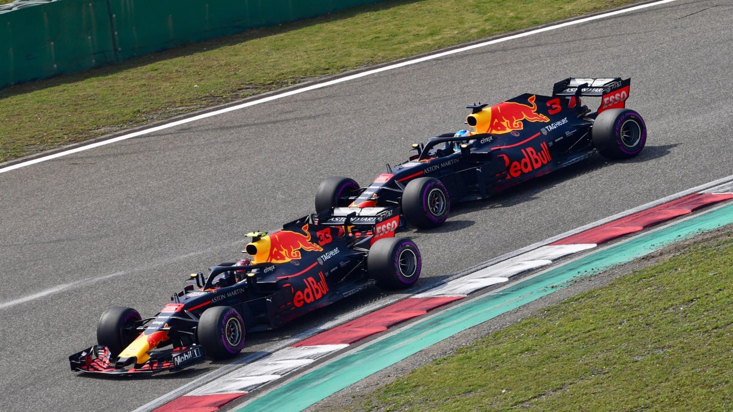 Max Verstappen (NED) Red Bull Racing RB14 leads Daniel Ricciardo (AUS) Red Bull Racing RB14 at