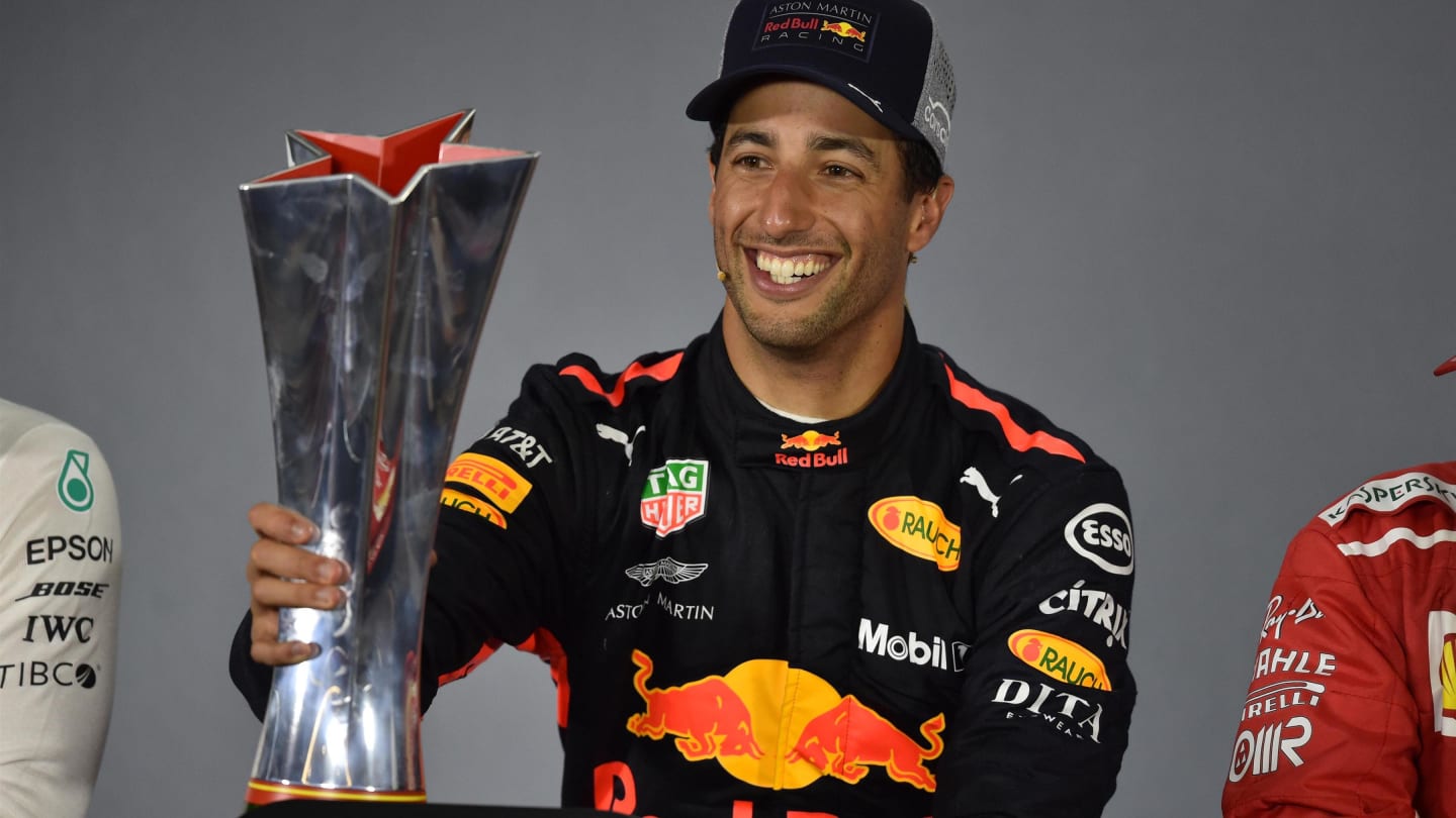 Race winner Daniel Ricciardo (AUS) Red Bull Racing with the trophy in the Press Conference at Formula One World Championship, Rd3, Chinese Grand Prix, Race, Shanghai, China, Sunday 15 April 2018. © Simon Galloway/Sutton Images