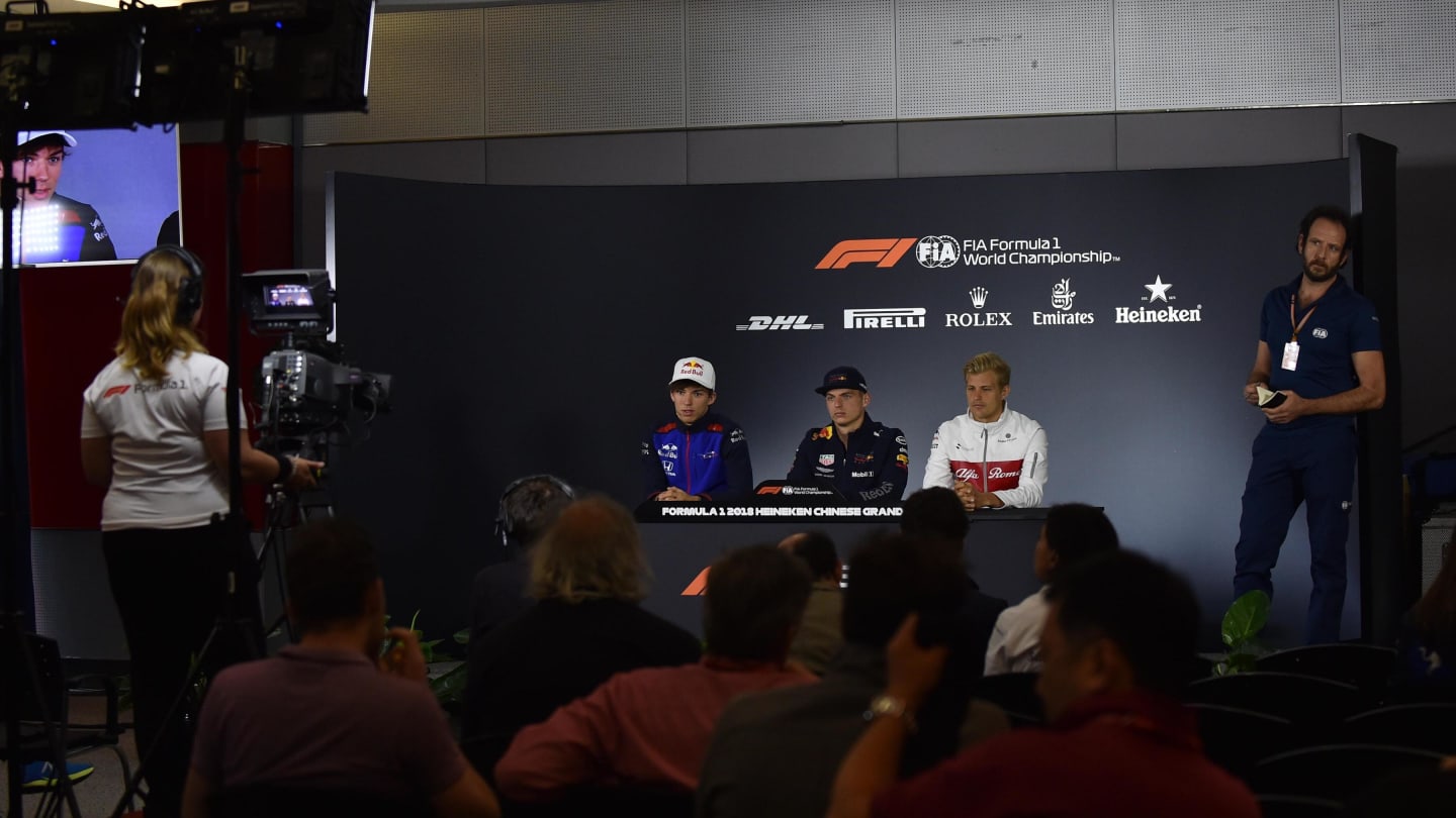 (L to R): Pierre Gasly (FRA), Max Verstappen (NED) and Marcus Ericsson (SWE) in the Press Conference at Formula One World Championship, Rd3, Chinese Grand Prix, Preparations, Shanghai, China, Thursday 12 April 2018. © Jerry Andre/Sutton Images