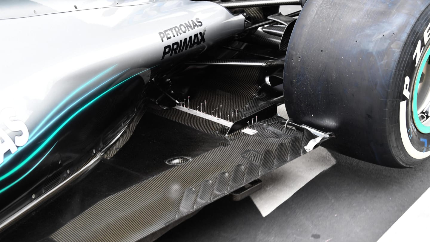 Mercedes-AMG F1 W09 EQ Power+ rear floor detail at Formula One World Championship, Rd3, Chinese Grand Prix, Preparations, Shanghai, China, Thursday 12 April 2018. © Mark Sutton/Sutton Images