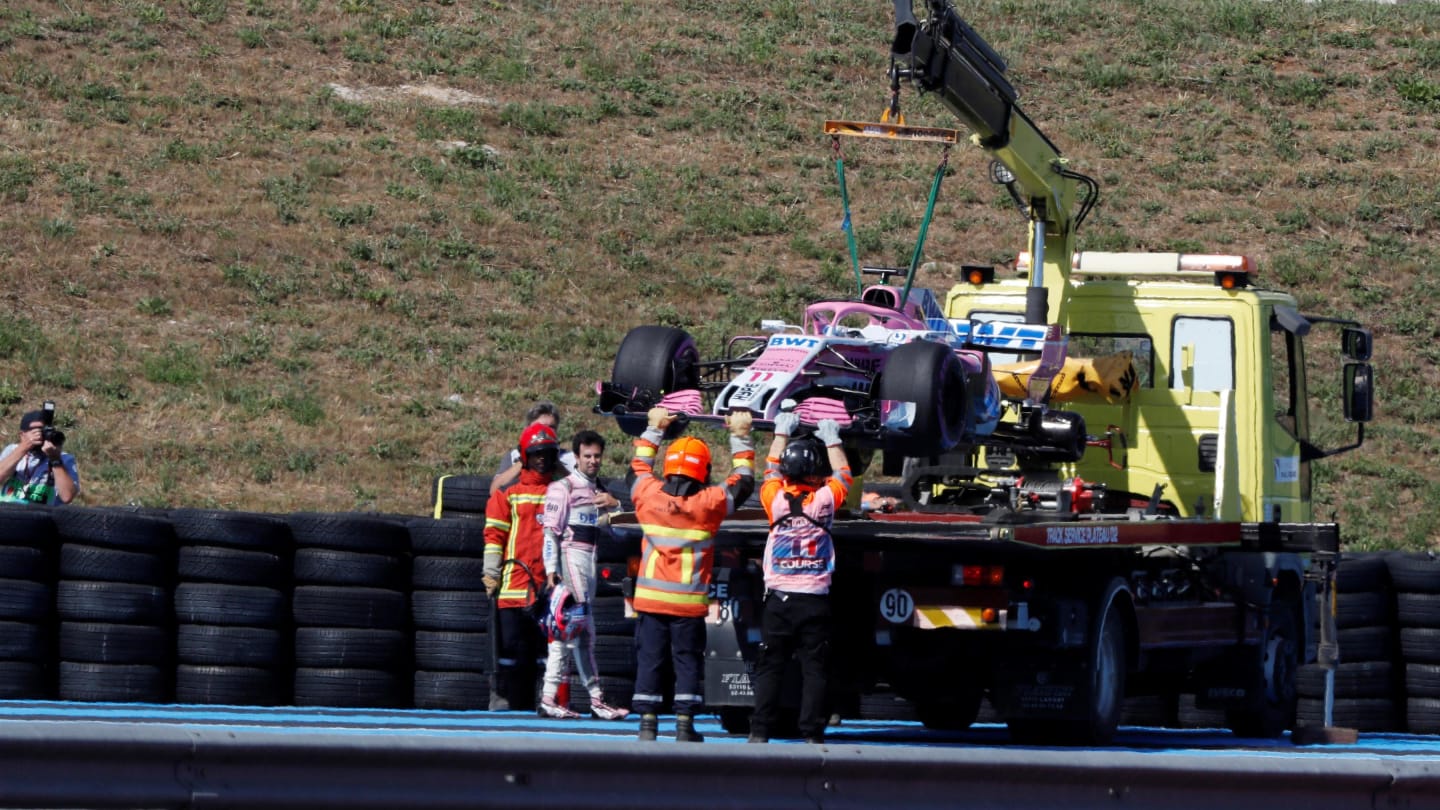 The car of Sergio Perez (MEX) Force India VJM11 is recovered in FP2 at Formula One World Championship, Rd8, French Grand Prix, Practice, Paul Ricard, France, Friday 22 June 2018. © Manuel Goria/Sutton Images