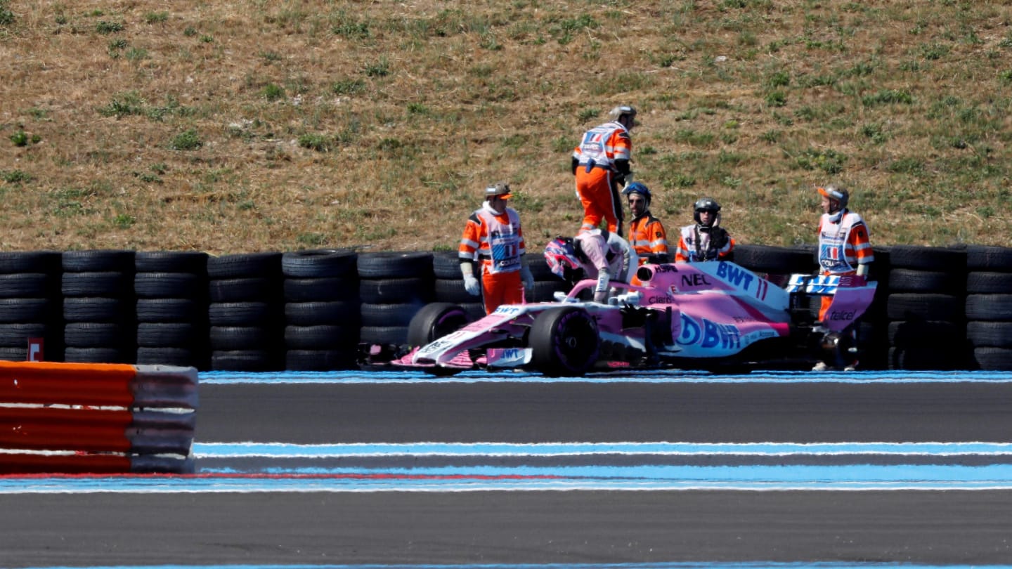 Sergio Perez (MEX) Force India VJM11 loses a rear wheel in FP2 at Formula One World Championship, Rd8, French Grand Prix, Practice, Paul Ricard, France, Friday 22 June 2018. © Manuel Goria/Sutton Images