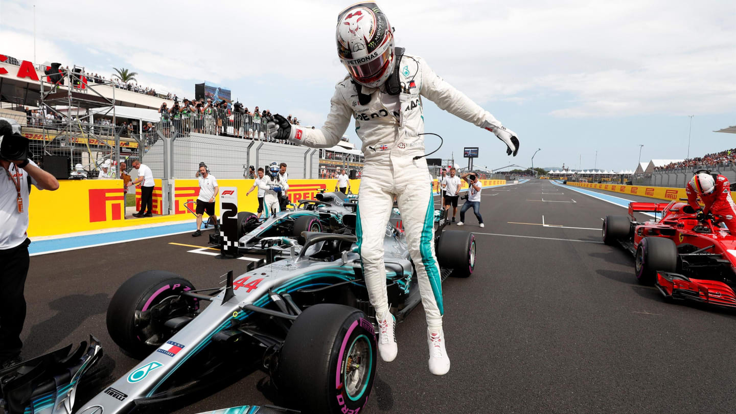 Pole sitter Lewis Hamilton (GBR) Mercedes-AMG F1 W09 EQ Power+ celebrates in parc ferme at Formula One World Championship, Rd8, French Grand Prix, Qualifying, Paul Ricard, France, Saturday 23 June 2018. © Steven Tee/LAT/Sutton Images