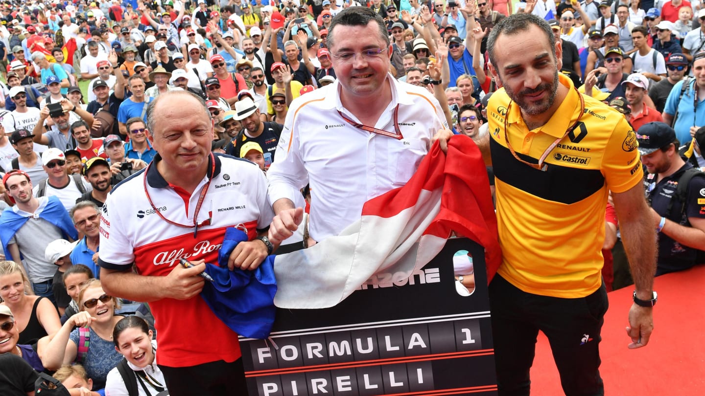 Frederic Vasseur (FRA) Alfa Romeo Sauber F1 Team, Team Principal, Eric Boullier (FRA) McLaren Racing Director and Cyril Abiteboul (FRA) Renault Sport F1 Managing Director at the Fanzone at Formula One World Championship, Rd8, French Grand Prix, Qualifying, Paul Ricard, France, Saturday 23 June 2018. © Mark Sutton/Sutton Images