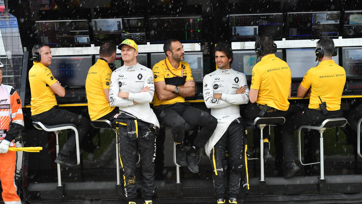 Nico Hulkenberg (GER) Renault Sport F1 Team, Cyril Abiteboul (FRA) Renault Sport F1 Managing Director and Carlos Sainz (ESP) Renault Sport F1 Team on the Renault Sport F1 Team pit wall gantry at Formula One World Championship, Rd8, French Grand Prix, Qualifying, Paul Ricard, France, Saturday 23 June 2018. © Jerry Andre/Sutton Images