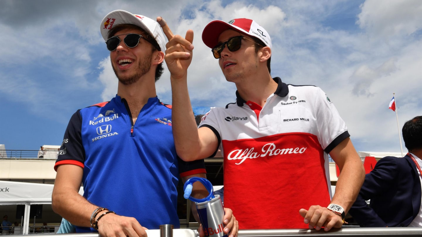Pierre Gasly (FRA) Scuderia Toro Rosso and Charles Leclerc (MON) Alfa Romeo Sauber F1 Team on the drivers parade at Formula One World Championship, Rd8, French Grand Prix, Race, Paul Ricard, France, Sunday 24 June 2018. © Mark Sutton/Sutton Images