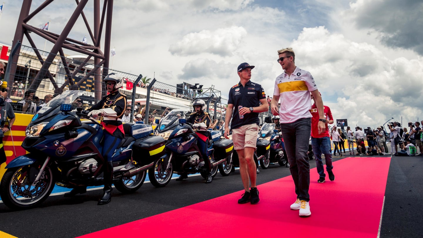 Max Verstappen (NED) Red Bull Racing and Nico Hulkenberg (GER) Renault Sport F1 Team on the drivers parade at Formula One World Championship, Rd8, French Grand Prix, Race, Paul Ricard, France, Sunday 24 June 2018. © Manuel Goria/Sutton Images