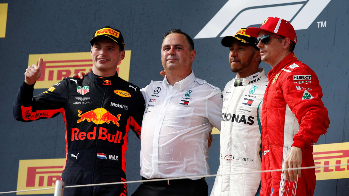 (L to R): Max Verstappen (NED) Red Bull Racing, Ron Meadows (GBR) Mercedes AMG F1 Team Manager, Lewis Hamilton (GBR) Mercedes-AMG F1 and Kimi Raikkonen (FIN) Ferrari celebrate on the podium at Formula One World Championship, Rd8, French Grand Prix, Race, Paul Ricard, France, Sunday 24 June 2018. © Manuel Goria/Sutton Images