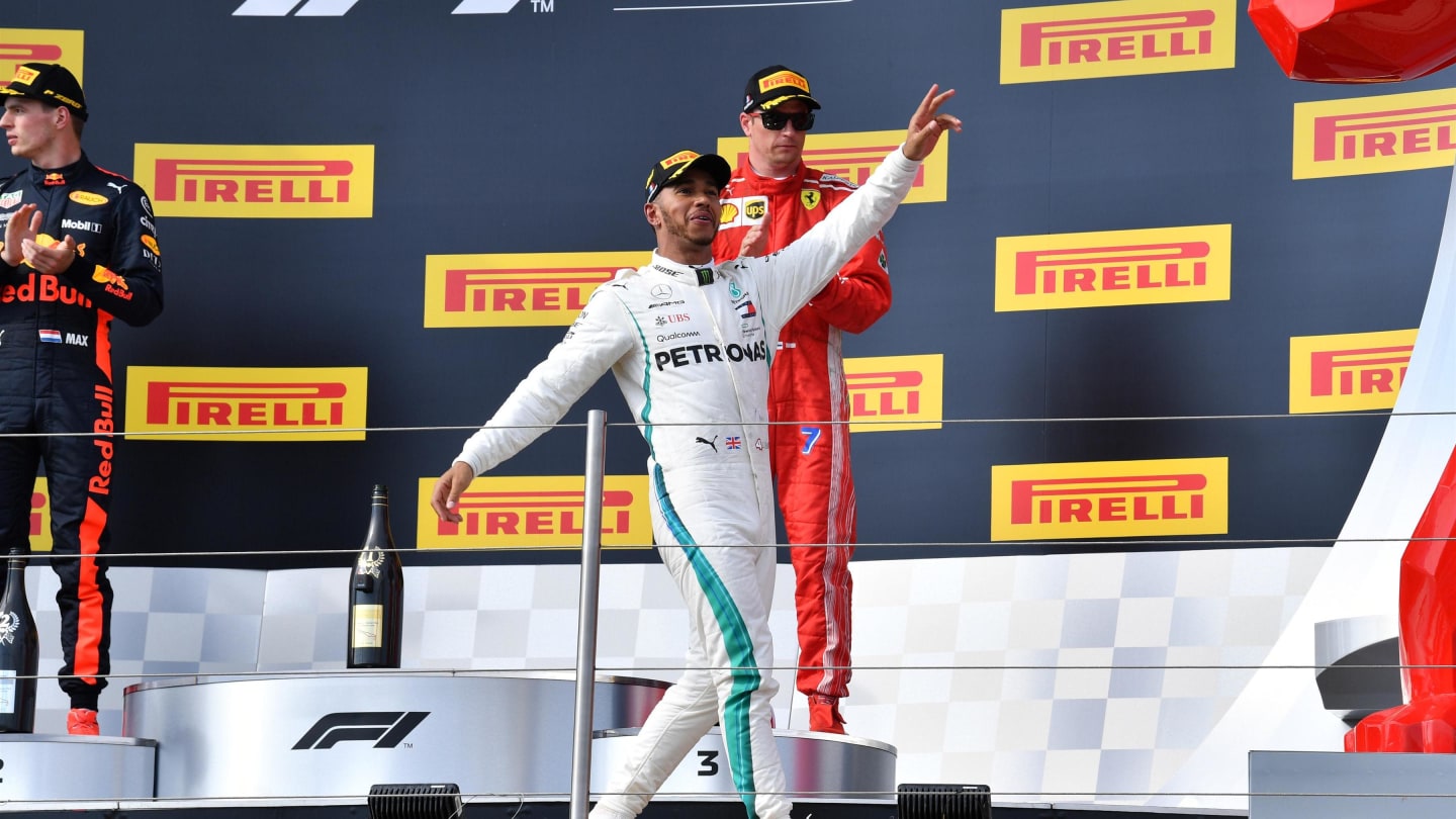 Race winner Lewis Hamilton (GBR) Mercedes-AMG F1 celebrates on the podium at Formula One World Championship, Rd8, French Grand Prix, Race, Paul Ricard, France, Sunday 24 June 2018. © Mark Sutton/Sutton Images