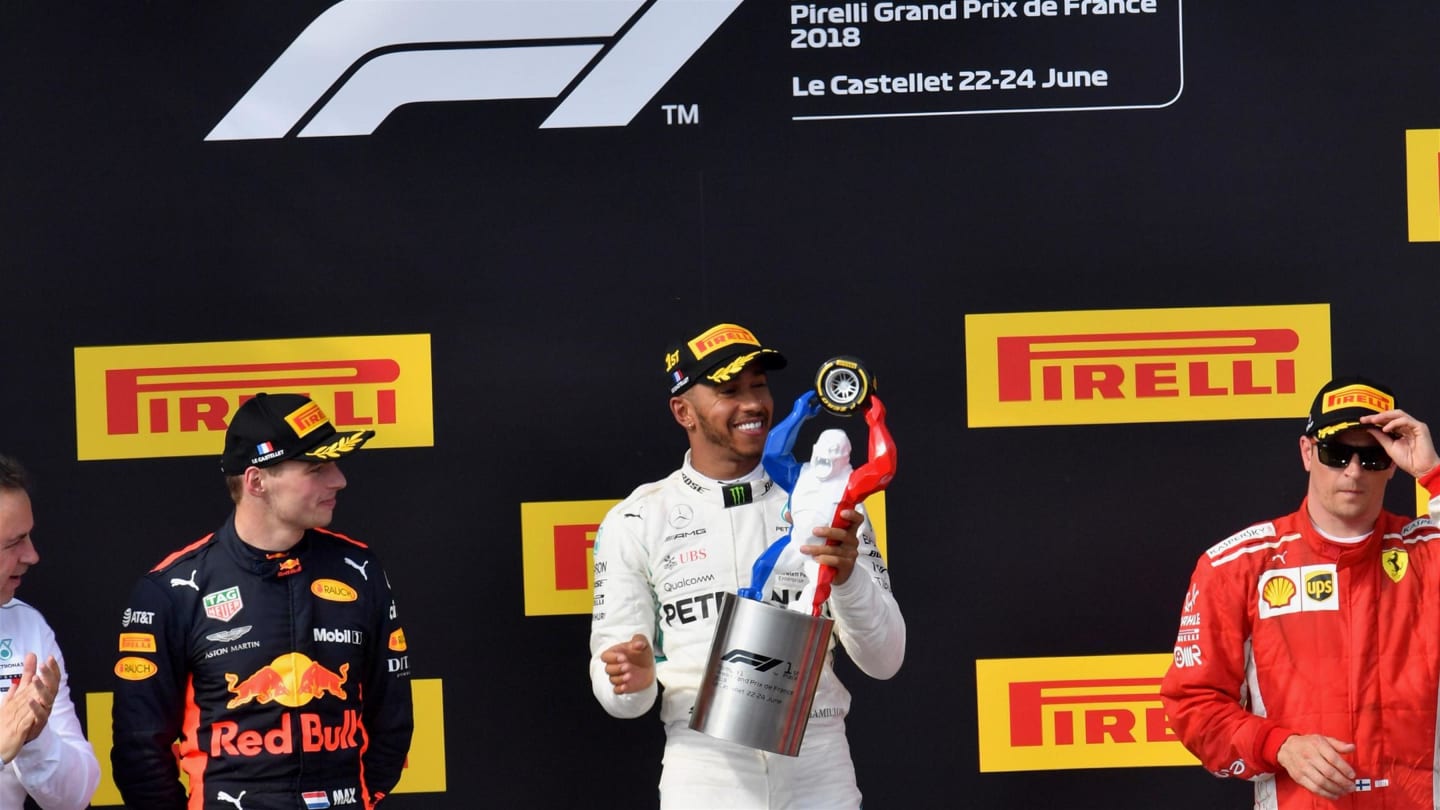 Max Verstappen (NED) Red Bull Racing, Lewis Hamilton (GBR) Mercedes-AMG F1 and Kimi Raikkonen (FIN) Ferrari celebrate on the podium at Formula One World Championship, Rd8, French Grand Prix, Race, Paul Ricard, France, Sunday 24 June 2018. © Jerry Andre/Su