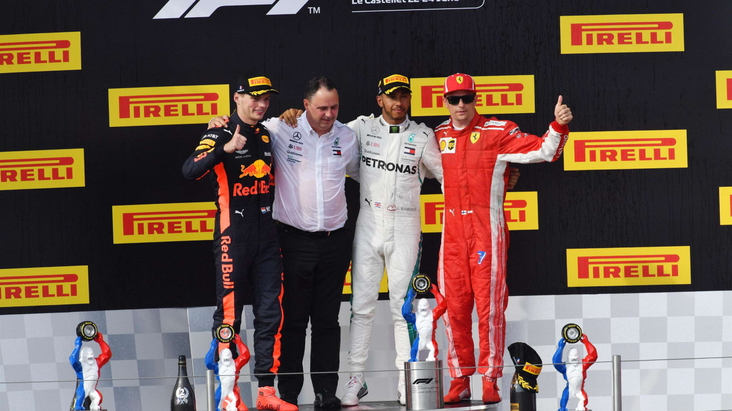 Max Verstappen (NED) Red Bull Racing, Ron Meadows (GBR) Mercedes AMG F1 Team Manager, Lewis Hamilton (GBR) Mercedes-AMG F1 and Kimi Raikkonen (FIN) Ferrari celebrate on the podium at Formula One World Championship, Rd8, French Grand Prix, Race, Paul Ricard, France, Sunday 24 June 2018. © Jerry Andre/Sutton Images