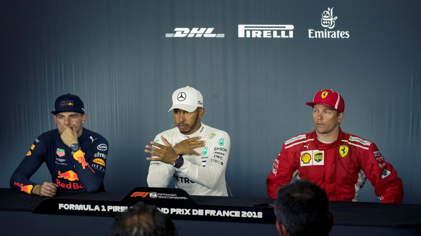 (L to R): Max Verstappen (NED) Red Bull Racing, Lewis Hamilton (GBR) Mercedes-AMG F1 and Kimi Raikkonen (FIN) Ferrari in the Press Conference at Formula One World Championship, Rd8, French Grand Prix, Race, Paul Ricard, France, Sunday 24 June 2018. © Manu