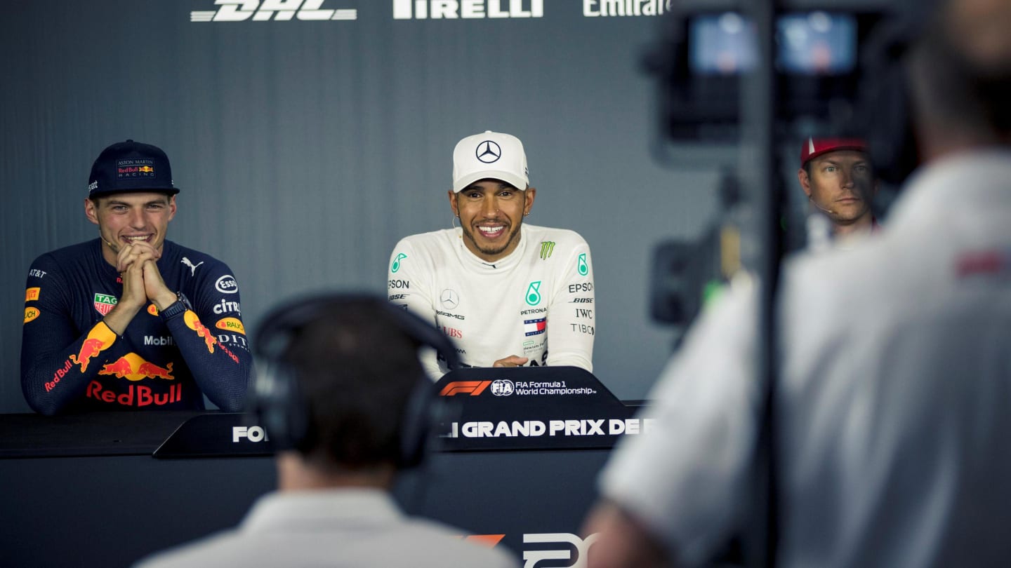 Max Verstappen (NED) Red Bull Racing and Lewis Hamilton (GBR) Mercedes-AMG F1 in the Press Conference at Formula One World Championship, Rd8, French Grand Prix, Race, Paul Ricard, France, Sunday 24 June 2018. © Manuel Goria/Sutton Images
